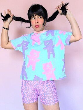 Lazy Oaf rare nude birthday suit teddy bears pastel boxy cropped ringer tee OS